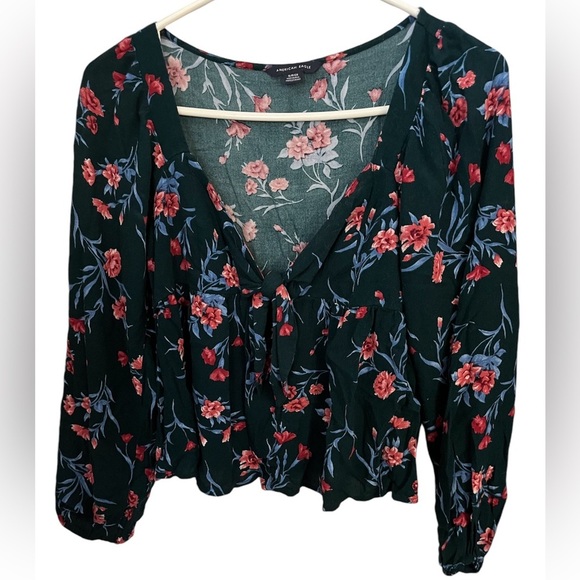 American Eagle Dark Green Long Balloon Sleeve Babydoll V Neck Blouse Small - Picture 3 of 10